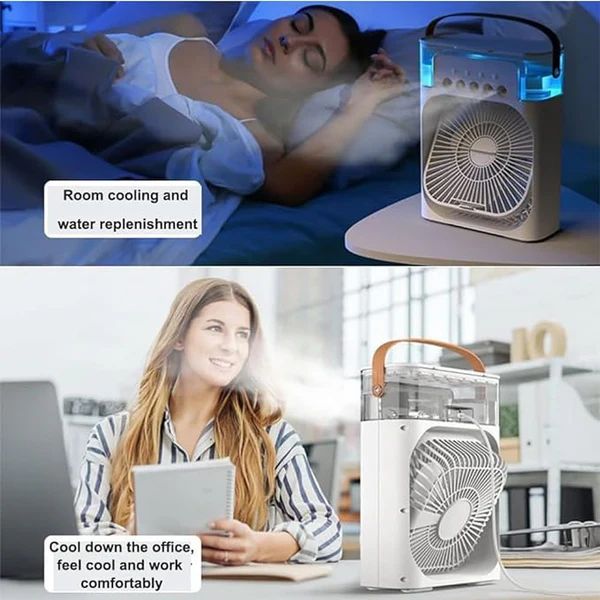 3 In 1 Small Air Cooler LED Night Light Portable Humidifier Air Adjustment Fan For Office & Home